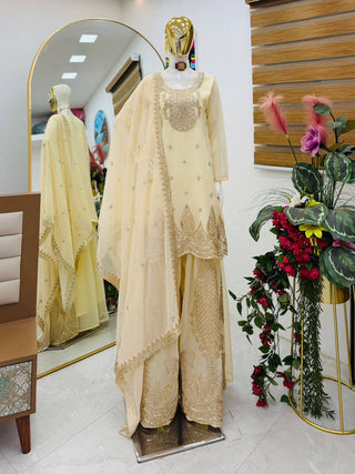 5 STAR Fox Georgette Embroidered Sharara Suit Dupatta Set – Pink, Aqua, Ivory, Yellow & Peach ClothsVilla