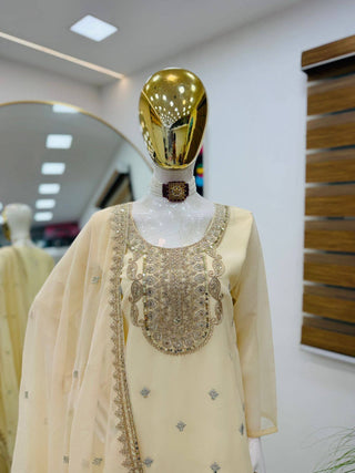 5 STAR Fox Georgette Embroidered Sharara Suit Dupatta Set – Pink, Aqua, Ivory, Yellow & Peach ClothsVilla