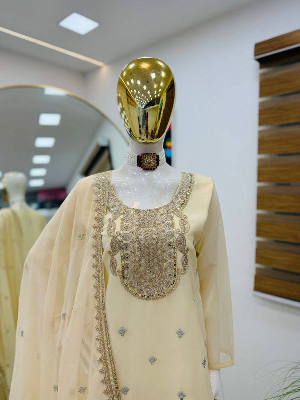 5 STAR Fox Georgette Embroidered Sharara Suit Dupatta Set – Pink, Aqua, Ivory, Yellow & Peach ClothsVilla
