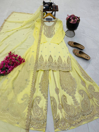 5 STAR Fox Georgette Embroidered Sharara Suit Dupatta Set – Pink, Aqua, Ivory, Yellow & Peach ClothsVilla