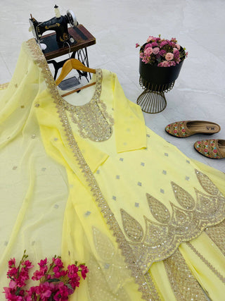 5 STAR Fox Georgette Embroidered Sharara Suit Dupatta Set – Pink, Aqua, Ivory, Yellow & Peach ClothsVilla