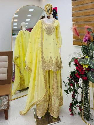 5 STAR Fox Georgette Embroidered Sharara Suit Dupatta Set – Pink, Aqua, Ivory, Yellow & Peach ClothsVilla