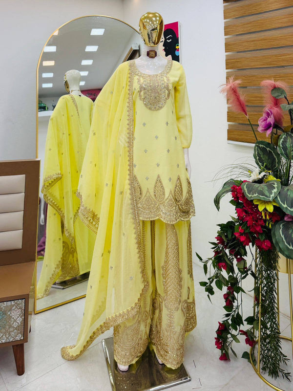 5 STAR Fox Georgette Embroidered Sharara Suit Dupatta Set – Pink, Aqua, Ivory, Yellow & Peach ClothsVilla