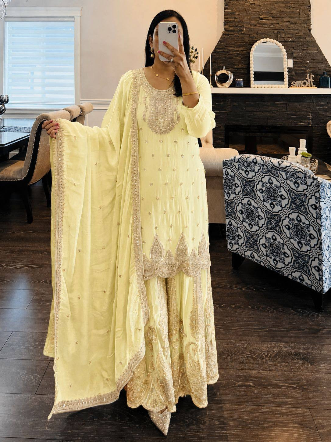 5 STAR Fox Georgette Embroidered Sharara Suit Dupatta Set – Pink, Aqua, Ivory, Yellow & Peach ClothsVilla