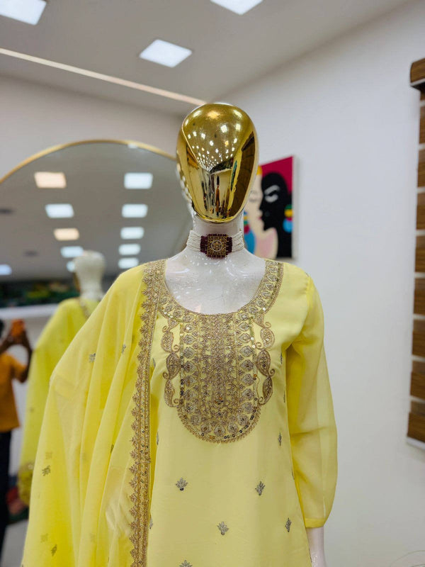 5 STAR Fox Georgette Embroidered Sharara Suit Dupatta Set – Pink, Aqua, Ivory, Yellow & Peach ClothsVilla