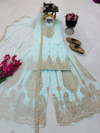 5 STAR Fox Georgette Embroidered Sharara Suit Dupatta Set – Pink, Aqua, Ivory, Yellow & Peach ClothsVilla
