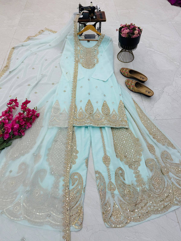 5 STAR Fox Georgette Embroidered Sharara Suit Dupatta Set – Pink, Aqua, Ivory, Yellow & Peach ClothsVilla
