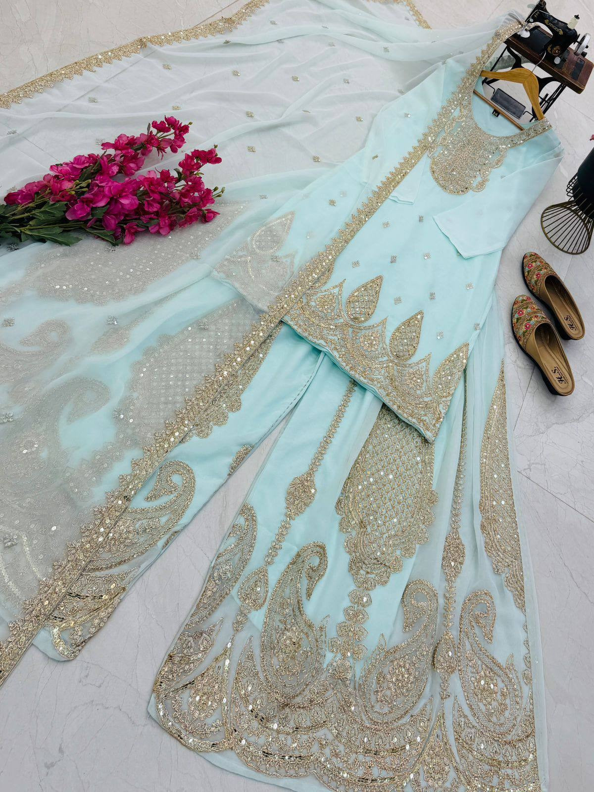 5 STAR Fox Georgette Embroidered Sharara Suit Dupatta Set – Pink, Aqua, Ivory, Yellow & Peach ClothsVilla