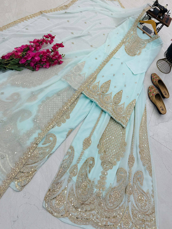 5 STAR Fox Georgette Embroidered Sharara Suit Dupatta Set – Pink, Aqua, Ivory, Yellow & Peach ClothsVilla