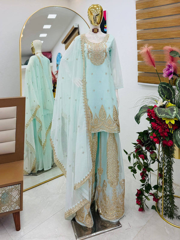 5 STAR Fox Georgette Embroidered Sharara Suit Dupatta Set – Pink, Aqua, Ivory, Yellow & Peach ClothsVilla