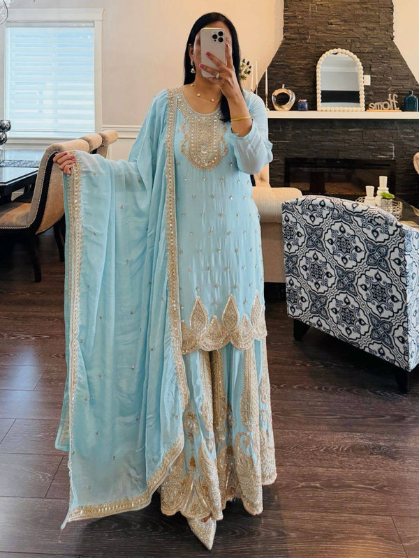 5 STAR Fox Georgette Embroidered Sharara Suit Dupatta Set – Pink, Aqua, Ivory, Yellow & Peach ClothsVilla