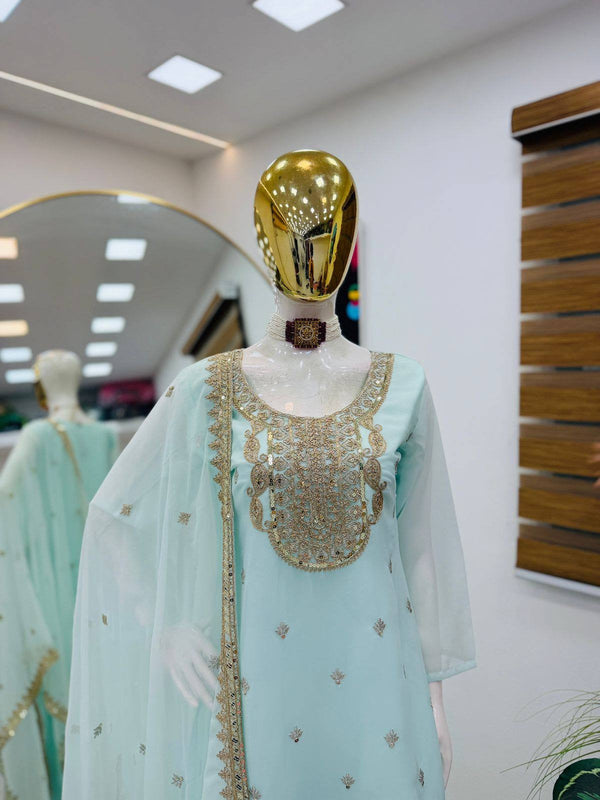 5 STAR Fox Georgette Embroidered Sharara Suit Dupatta Set – Pink, Aqua, Ivory, Yellow & Peach ClothsVilla