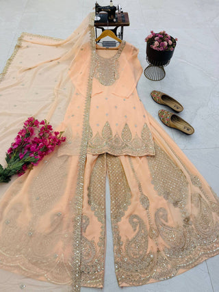 5 STAR Fox Georgette Embroidered Sharara Suit Dupatta Set – Pink, Aqua, Ivory, Yellow & Peach ClothsVilla