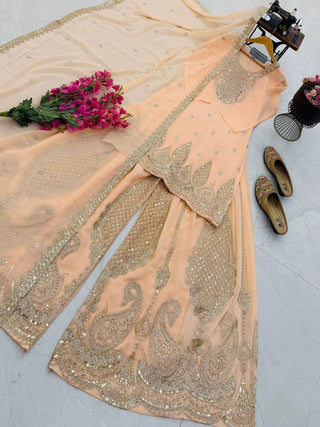 5 STAR Fox Georgette Embroidered Sharara Suit Dupatta Set – Pink, Aqua, Ivory, Yellow & Peach ClothsVilla