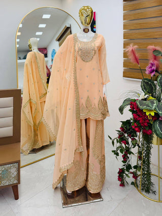 5 STAR Fox Georgette Embroidered Sharara Suit Dupatta Set – Pink, Aqua, Ivory, Yellow & Peach ClothsVilla