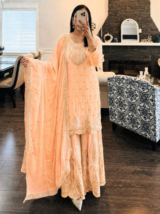 5 STAR Fox Georgette Embroidered Sharara Suit Dupatta Set – Pink, Aqua, Ivory, Yellow & Peach ClothsVilla