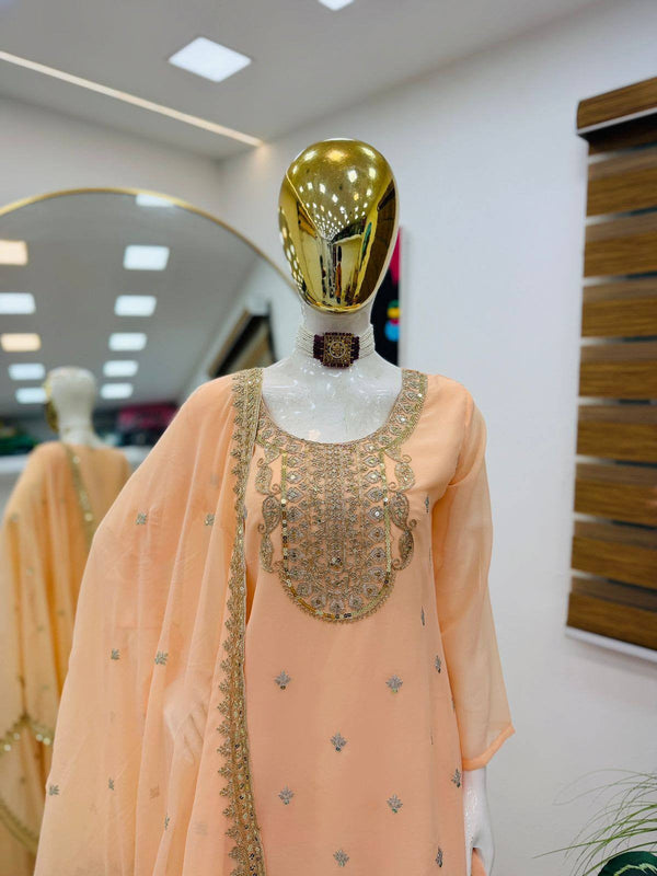 5 STAR Fox Georgette Embroidered Sharara Suit Dupatta Set – Pink, Aqua, Ivory, Yellow & Peach ClothsVilla