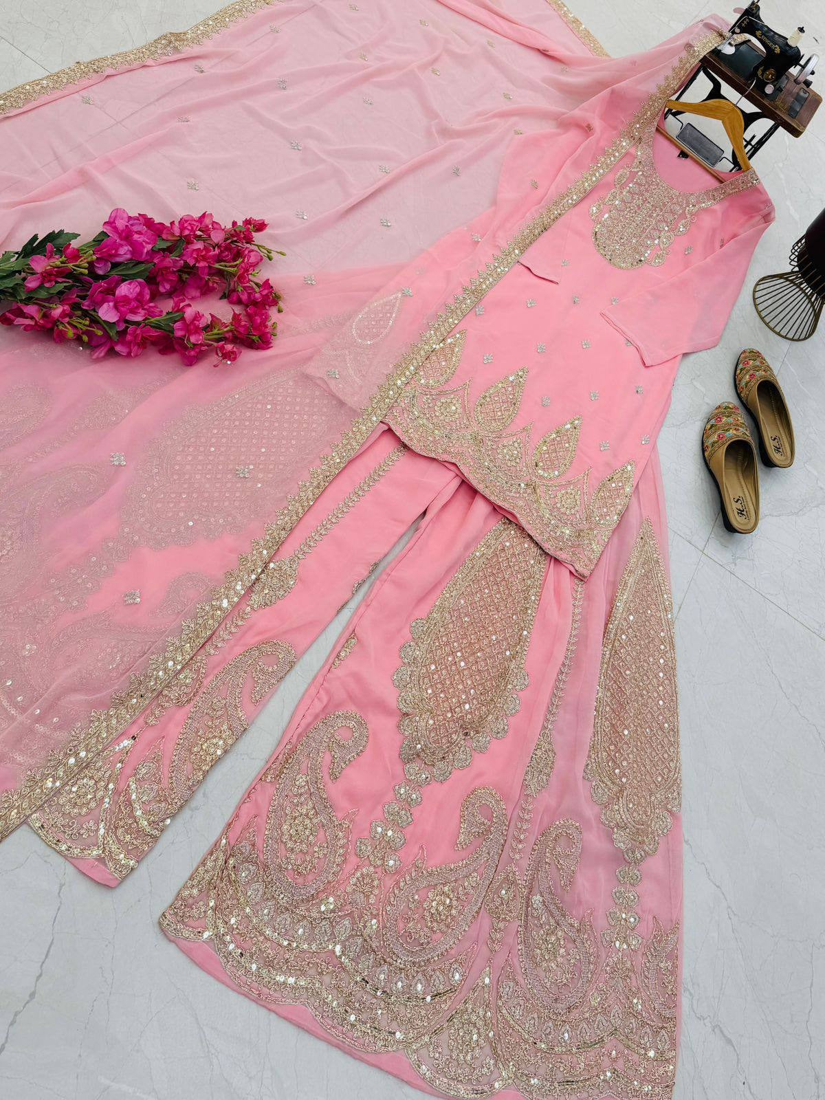 5 STAR Fox Georgette Embroidered Sharara Suit Dupatta Set – Pink, Aqua, Ivory, Yellow & Peach ClothsVilla