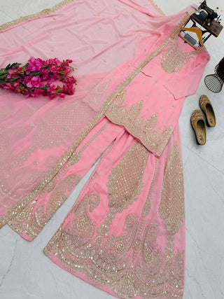 5 STAR Fox Georgette Embroidered Sharara Suit Dupatta Set – Pink, Aqua, Ivory, Yellow & Peach ClothsVilla