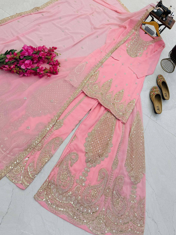 5 STAR Fox Georgette Embroidered Sharara Suit Dupatta Set – Pink, Aqua, Ivory, Yellow & Peach ClothsVilla
