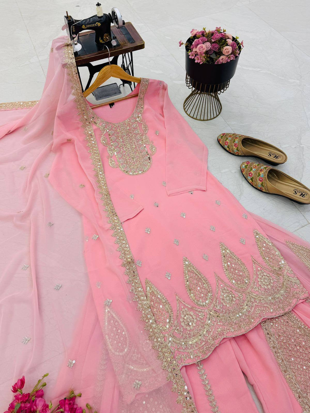 5 STAR Fox Georgette Embroidered Sharara Suit Dupatta Set – Pink, Aqua, Ivory, Yellow & Peach ClothsVilla