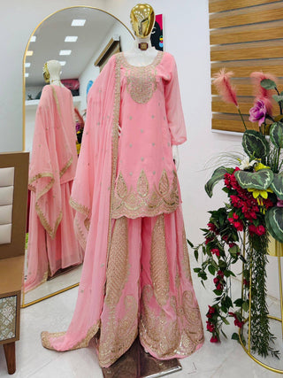 5 STAR Fox Georgette Embroidered Sharara Suit Dupatta Set – Pink, Aqua, Ivory, Yellow & Peach ClothsVilla