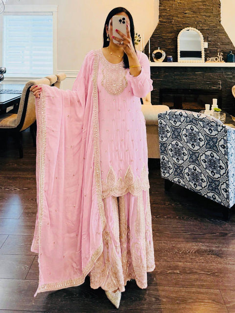 5 STAR Fox Georgette Embroidered Sharara Suit Dupatta Set – Pink, Aqua, Ivory, Yellow & Peach ClothsVilla Main image