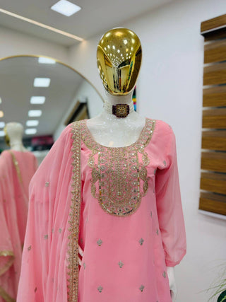 5 STAR Fox Georgette Embroidered Sharara Suit Dupatta Set – Pink, Aqua, Ivory, Yellow & Peach ClothsVilla