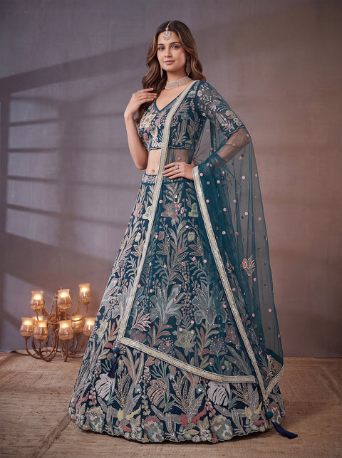 Blue Soft Net Lehenga Choli with Thread & Sequin Embroidery ClothsVilla Main image