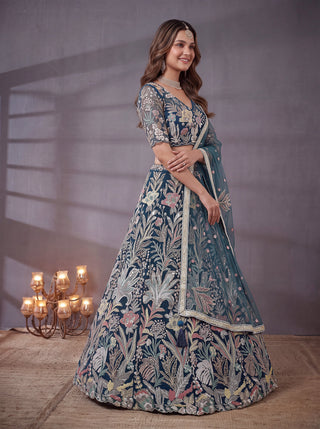 Blue Soft Net Lehenga Choli with Thread & Sequin Embroidery ClothsVilla