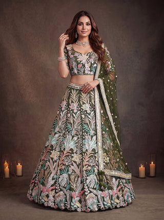 Green Soft Net Lehenga Choli with Thread & Sequin Embroidery ClothsVilla