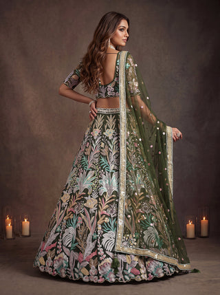 Green Soft Net Lehenga Choli with Thread & Sequin Embroidery ClothsVilla