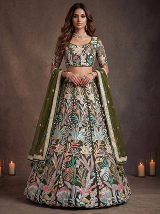 Green Soft Net Lehenga Choli with Thread & Sequin Embroidery ClothsVilla