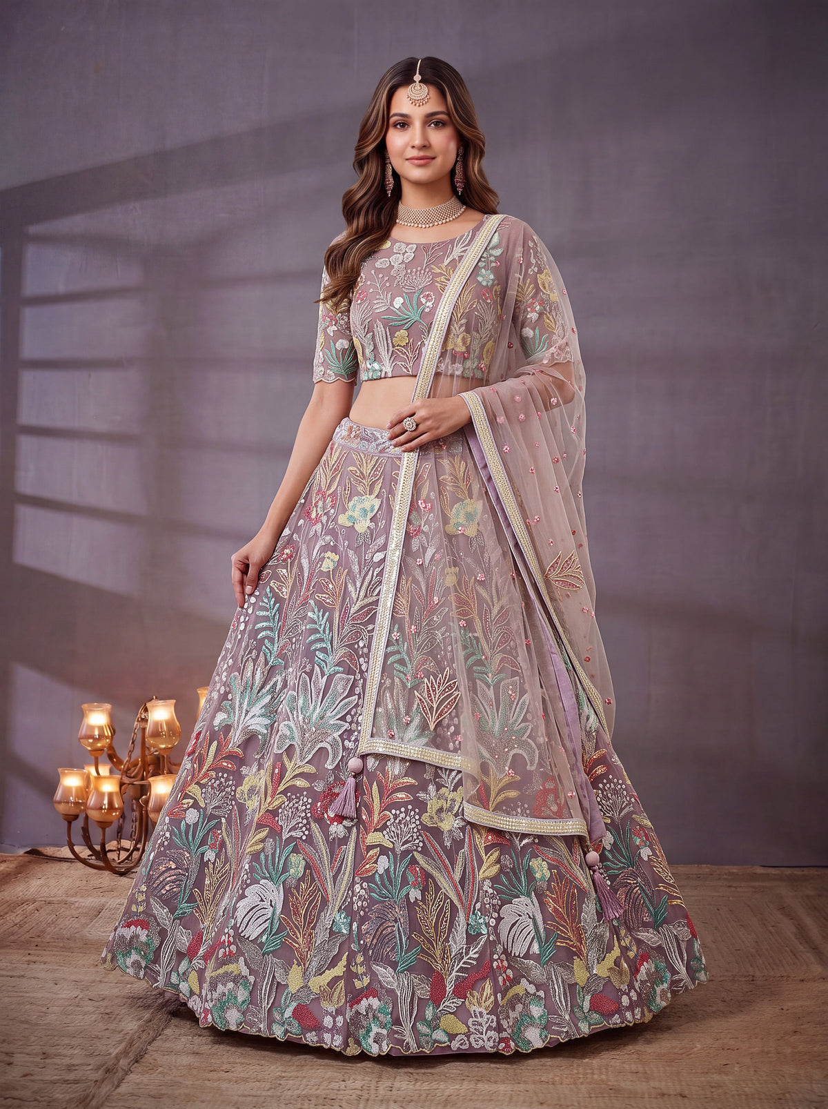 Lavender Soft Net Lehenga Choli with Thread & Sequin Embroidery ClothsVilla