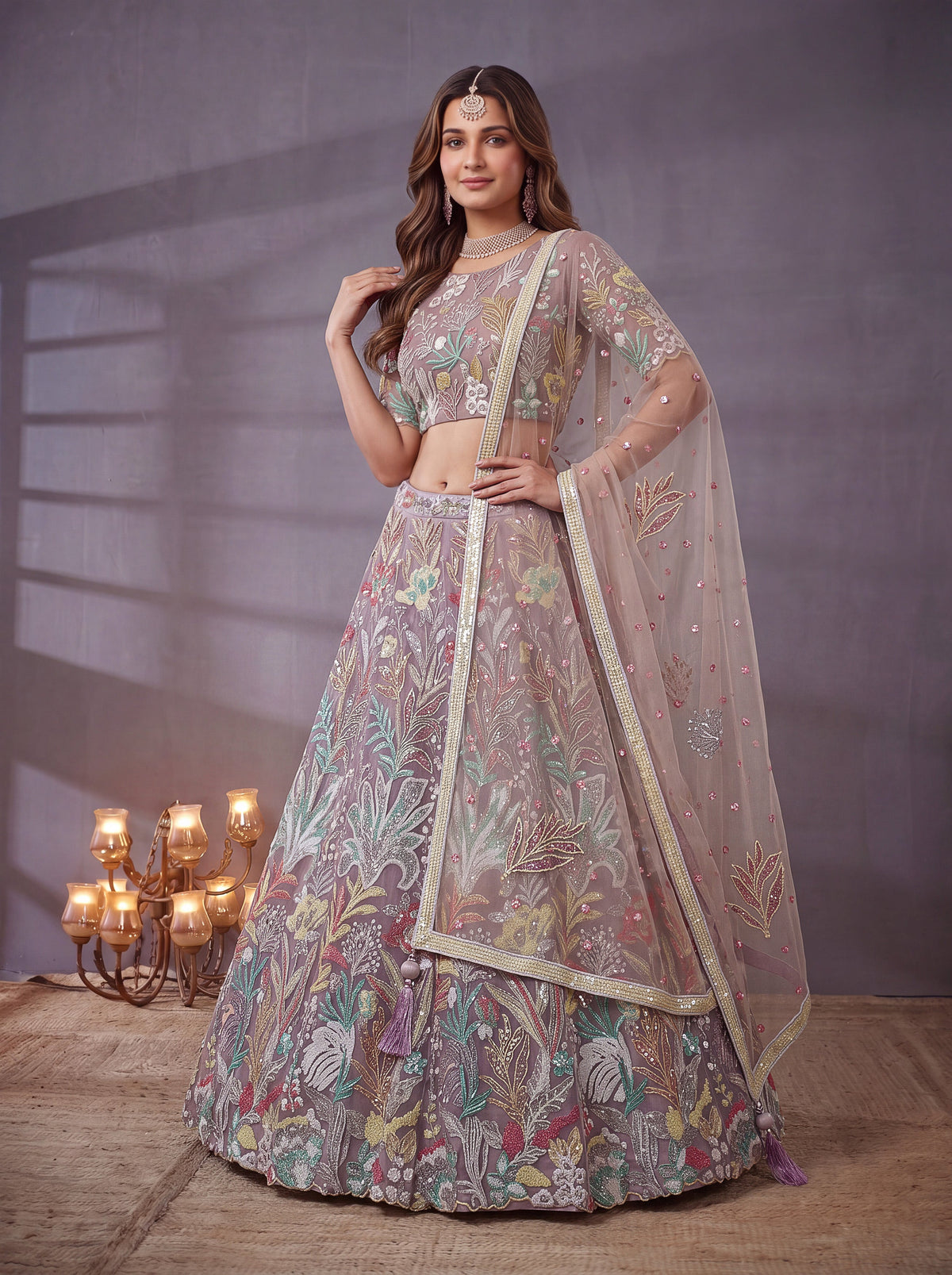 Lavender Soft Net Lehenga Choli with Thread & Sequin Embroidery ClothsVilla