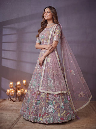 Lavender Soft Net Lehenga Choli with Thread & Sequin Embroidery ClothsVilla