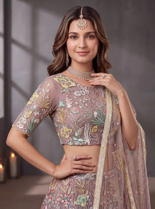 Lavender Soft Net Lehenga Choli with Thread & Sequin Embroidery ClothsVilla