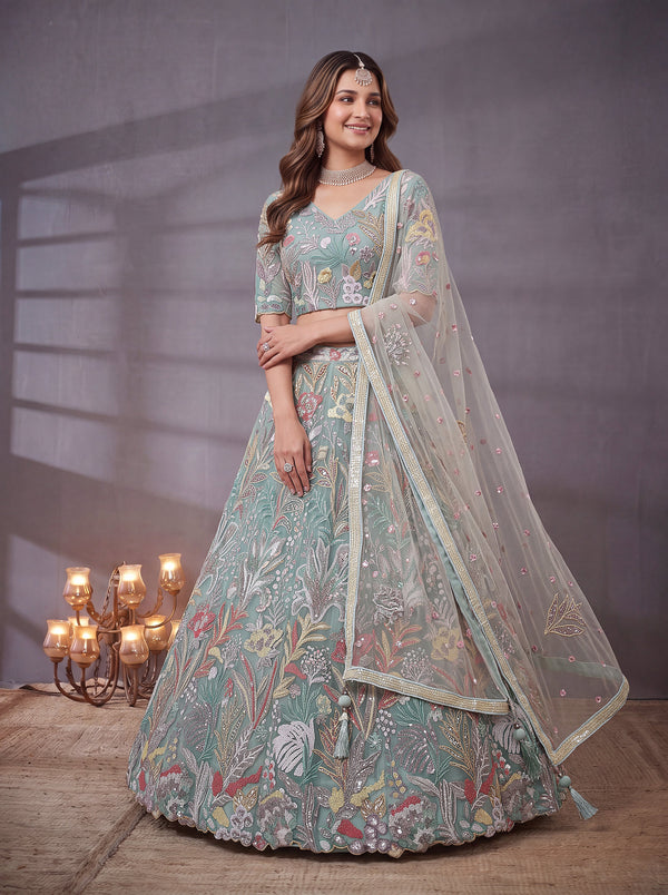 Sky Blue Soft Net Lehenga Choli with Thread & Sequin Embroidery ClothsVilla