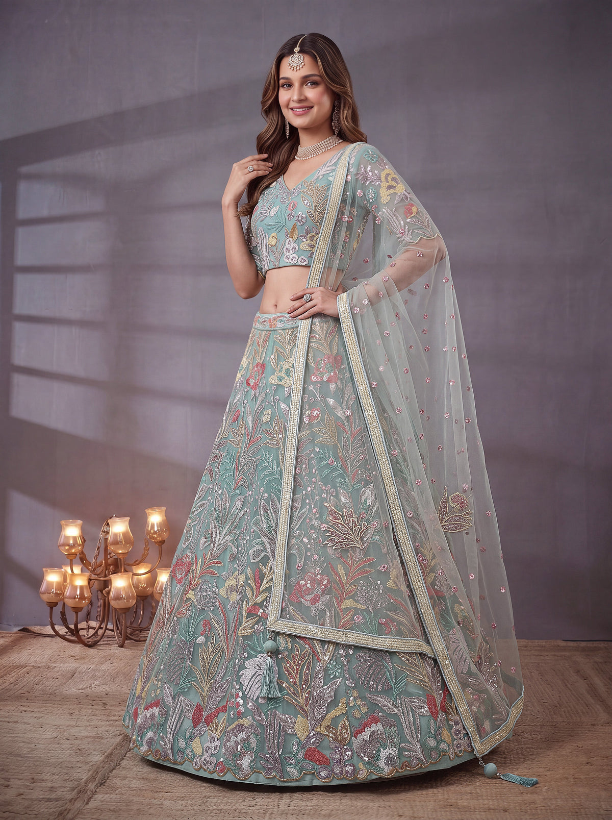 Sky Blue Soft Net Lehenga Choli with Thread & Sequin Embroidery ClothsVilla