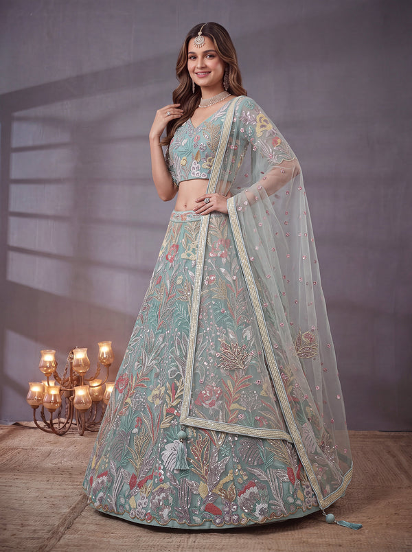 Sky Blue Soft Net Lehenga Choli with Thread & Sequin Embroidery ClothsVilla
