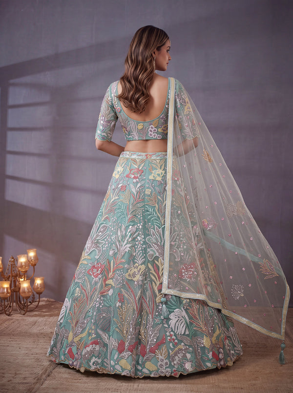 Sky Blue Soft Net Lehenga Choli with Thread & Sequin Embroidery ClothsVilla