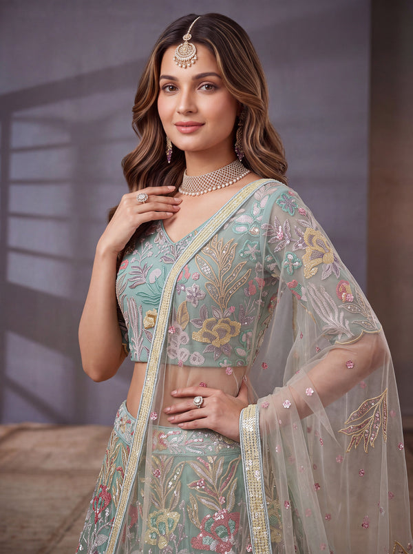 Sky Blue Soft Net Lehenga Choli with Thread & Sequin Embroidery ClothsVilla