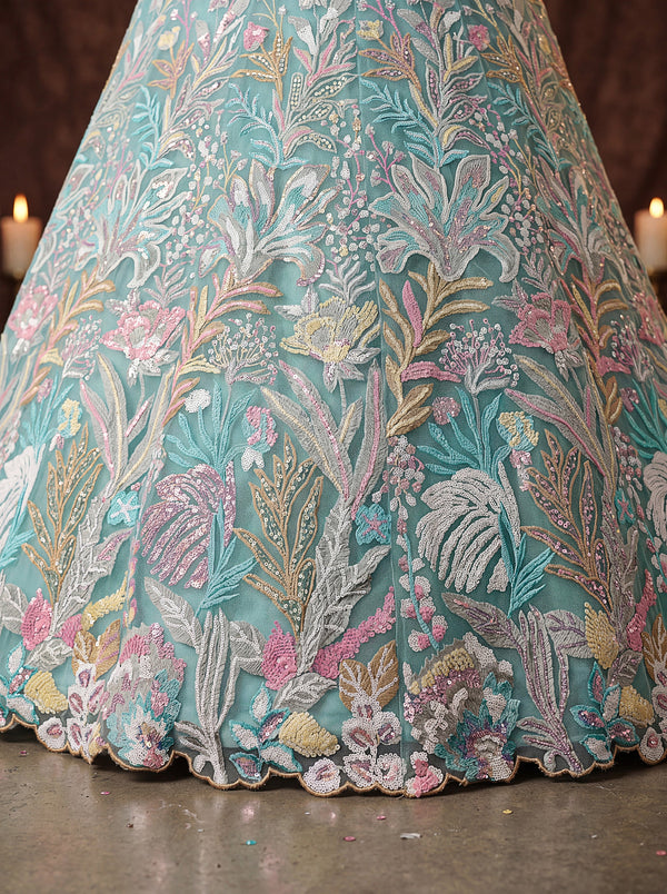 Sky Blue Soft Net Lehenga Choli with Thread & Sequin Embroidery ClothsVilla
