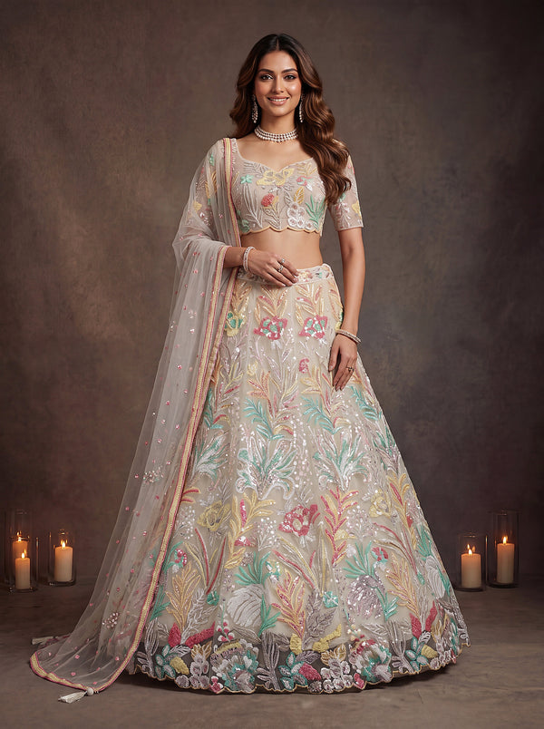White Soft Net Lehenga Choli with Thread & Sequin Embroidery ClothsVilla