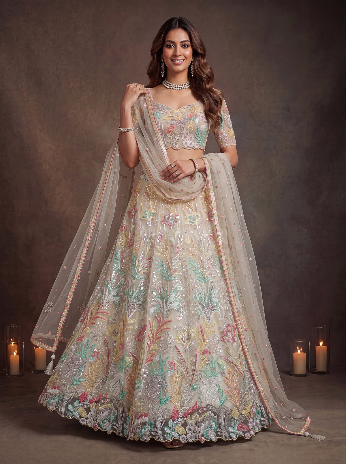 White Soft Net Lehenga Choli with Thread & Sequin Embroidery ClothsVilla