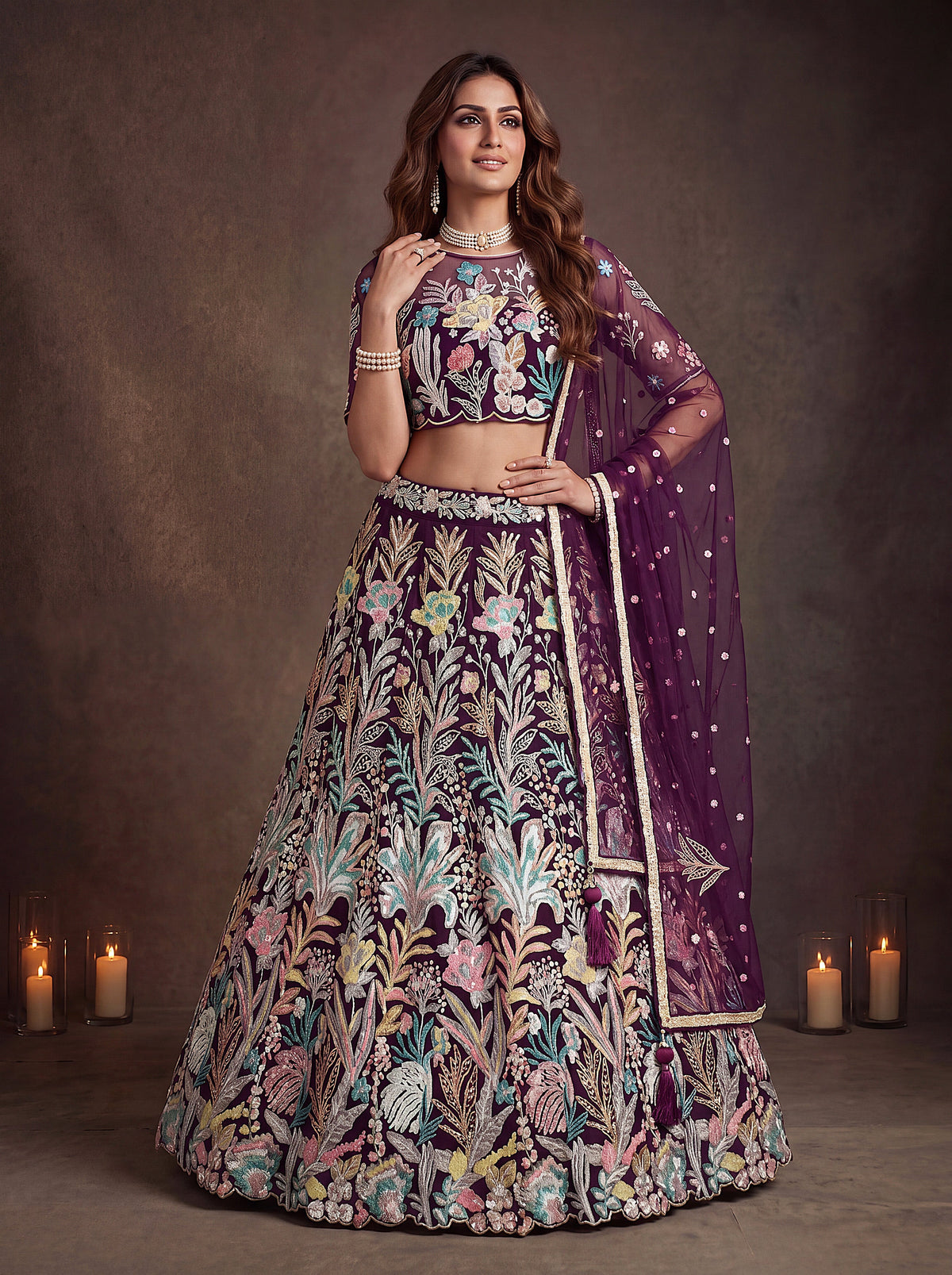 Wine Soft Net Lehenga Choli with Thread & Sequin Embroidery ClothsVilla