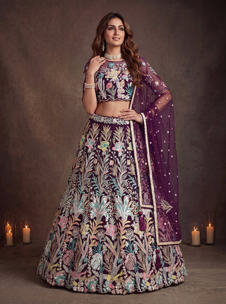 Wine Soft Net Lehenga Choli with Thread & Sequin Embroidery ClothsVilla