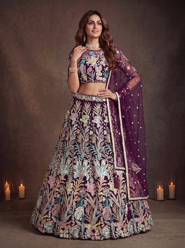 Wine Soft Net Lehenga Choli with Thread & Sequin Embroidery ClothsVilla