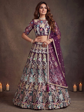 Wine Soft Net Lehenga Choli with Thread & Sequin Embroidery ClothsVilla