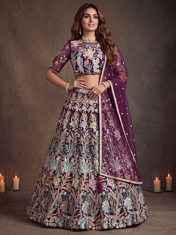 Wine Soft Net Lehenga Choli with Thread & Sequin Embroidery ClothsVilla